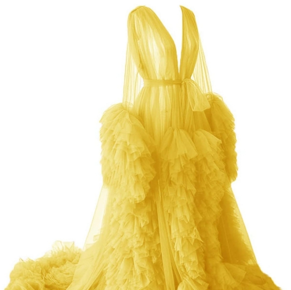 Tianzhihe XXL Yellow Women's Tulle Robe Puffy Maternity Photoshoot Bridal